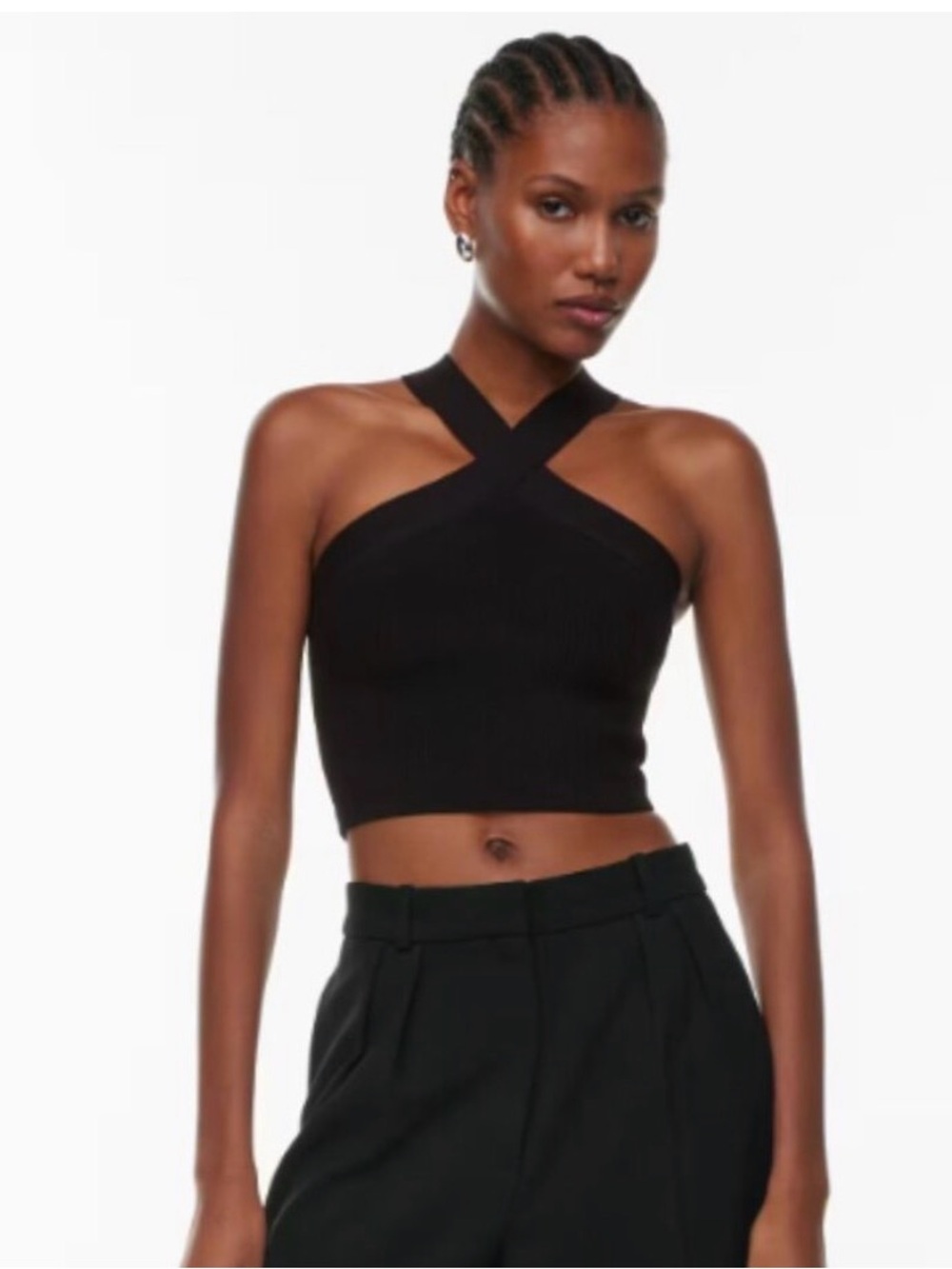 Aritzia Babaton Black Ribbed Sculpt Crisscross Crop Top